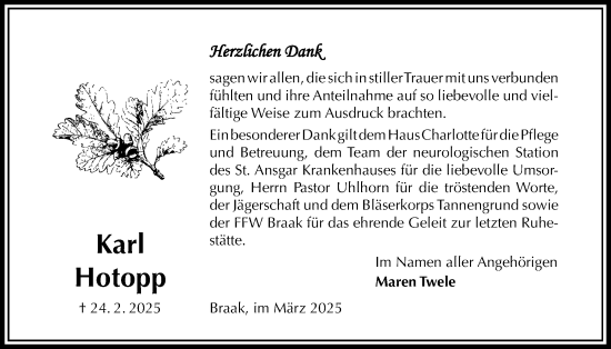 Traueranzeige von Karl Hotopp von Täglicher Anzeiger Holzminden