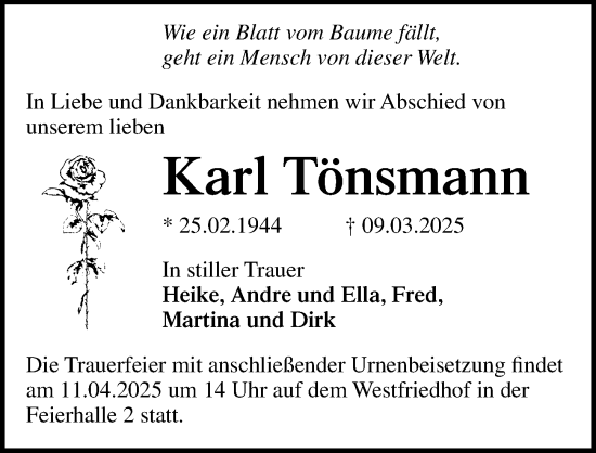 Traueranzeige von Karl Tönsmann von Ostsee-Zeitung GmbH