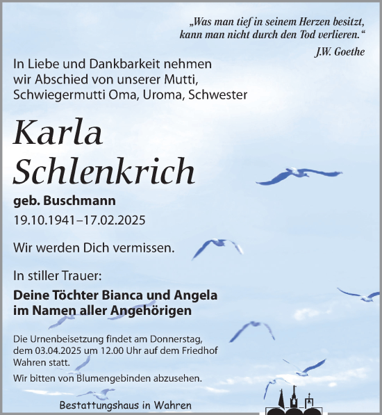 Traueranzeige von Karla Schlenkrich von Leipziger Volkszeitung