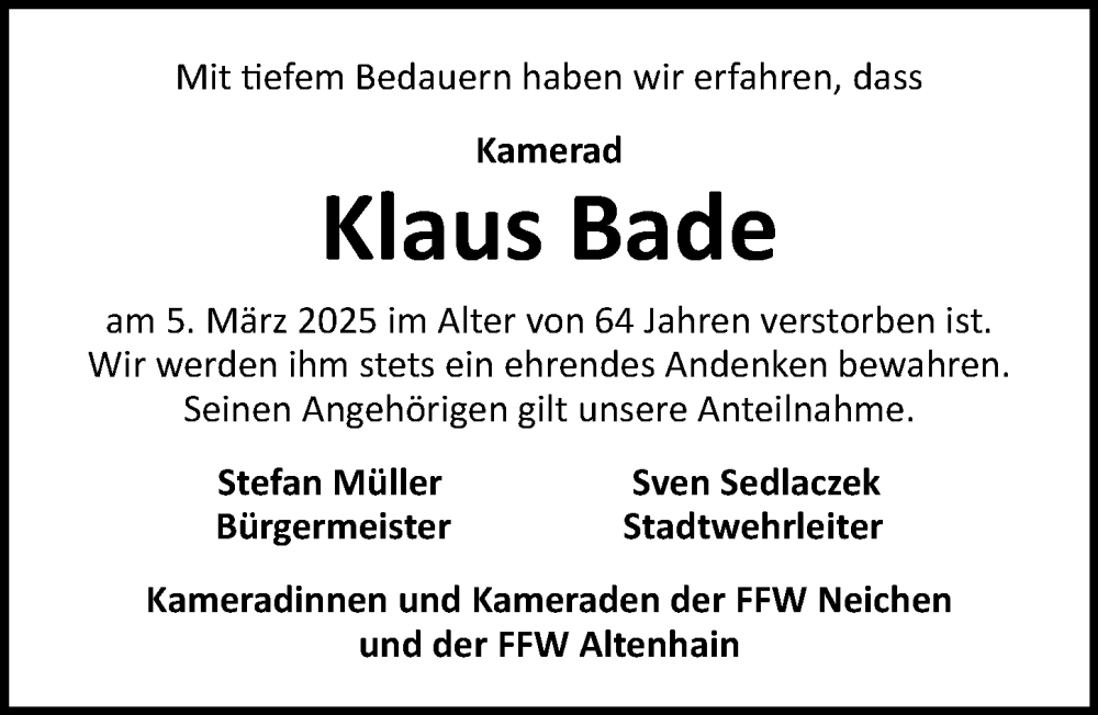 Traueranzeige für Klaus Bade vom 22.03.2025 aus Leipziger Volkszeitung