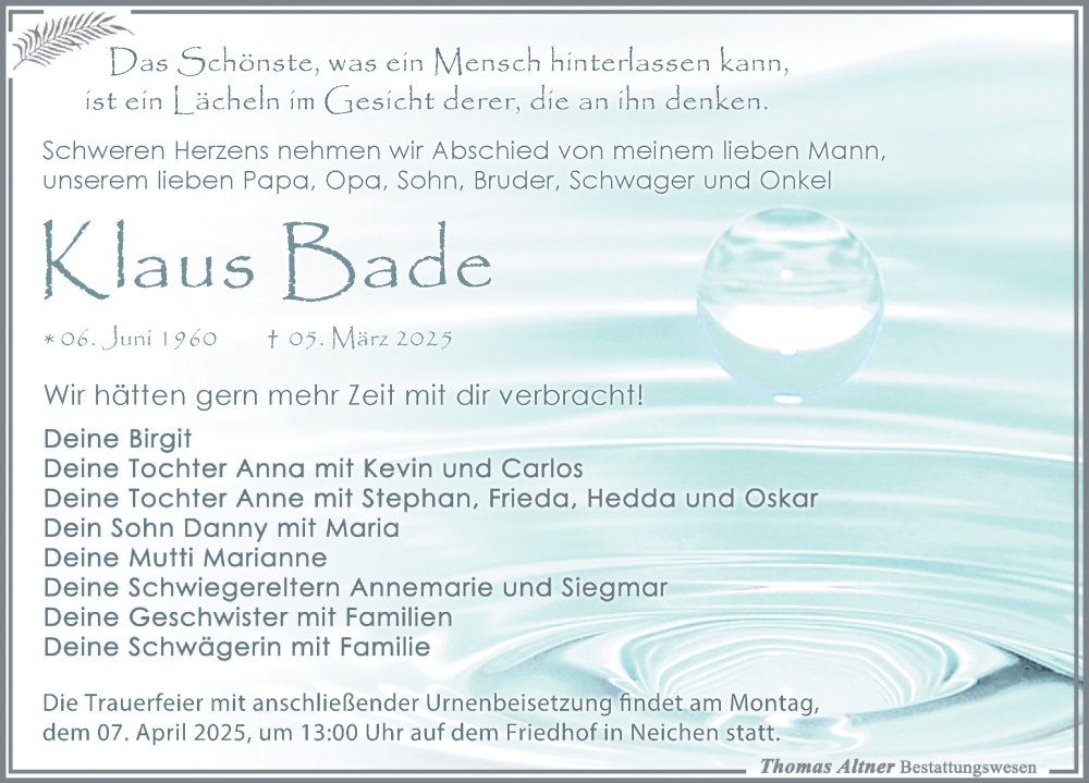  Traueranzeige für Klaus Bade vom 22.03.2025 aus Leipziger Volkszeitung
