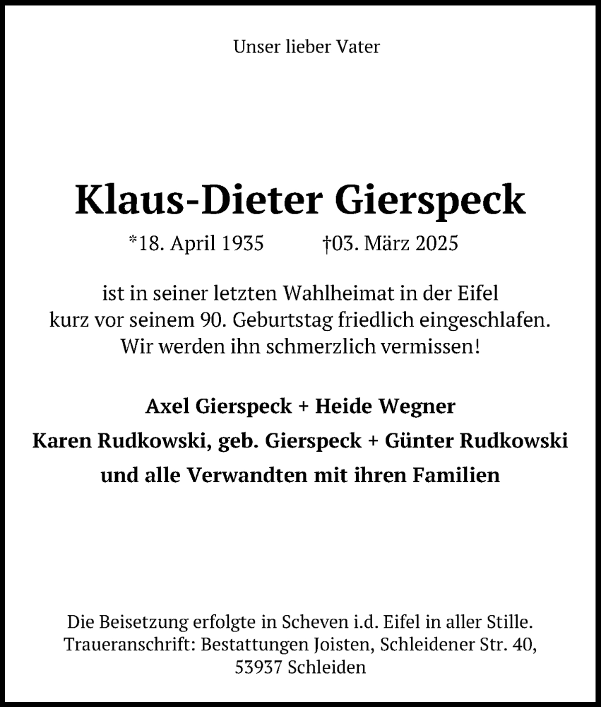  Traueranzeige für Klaus-Dieter Gierspeck vom 22.03.2025 aus Hannoversche Allgemeine Zeitung/Neue Presse