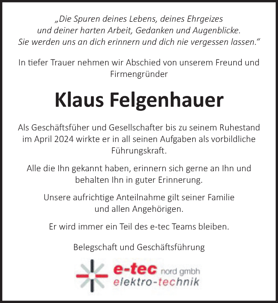  Traueranzeige für Klaus Felgenhauer vom 09.03.2025 aus Lübecker Nachrichten