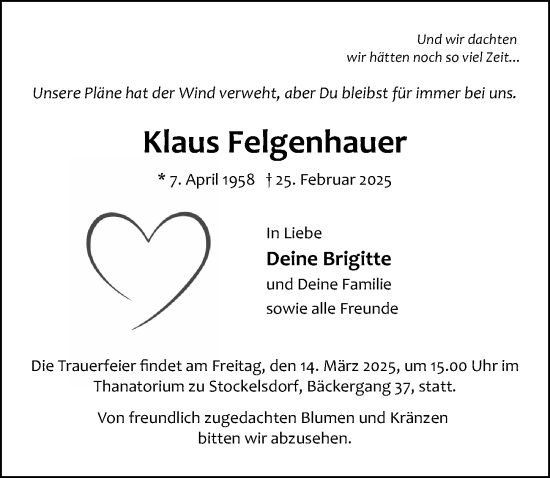 Traueranzeige von Klaus Felgenhauer von Lübecker Nachrichten