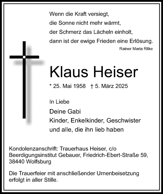 Traueranzeige von Klaus Heiser von Aller Zeitung