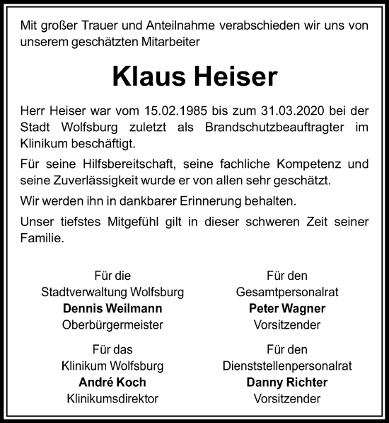 Traueranzeige von Klaus Heiser von Aller Zeitung