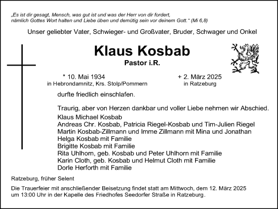 Traueranzeige von Klaus Kosbab von Kieler Nachrichten