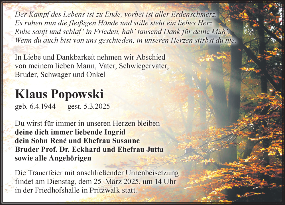  Traueranzeige für Klaus Popowski vom 15.03.2025 aus Wochenspiegel