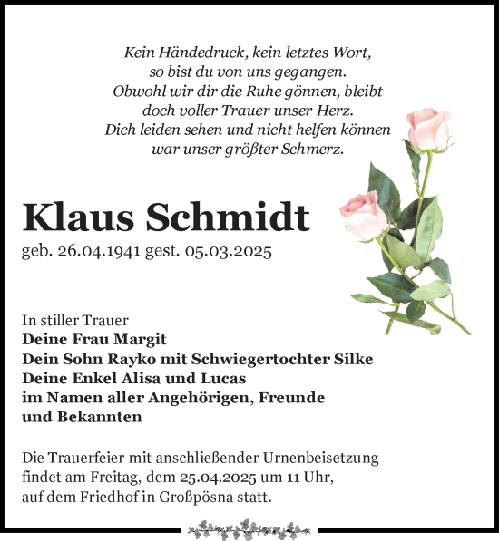 Traueranzeige von Klaus Schmidt von Leipziger Volkszeitung