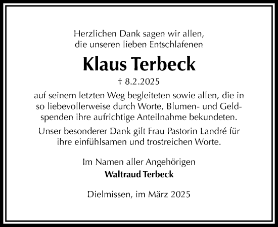 Traueranzeige von Klaus Terbeck von Täglicher Anzeiger Holzminden