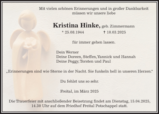 Traueranzeige von Kristina Hinke von Sächsische Zeitung