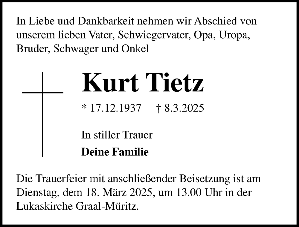  Traueranzeige für Kurt Tietz vom 15.03.2025 aus Ostsee-Zeitung GmbH