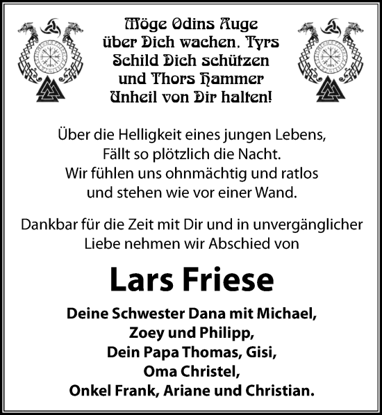 Traueranzeige von Lars Friese von Wochenspiegel