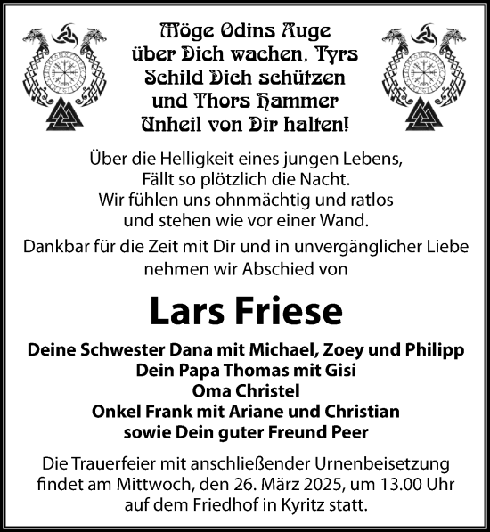 Traueranzeige von Lars Friese von Wochenspiegel