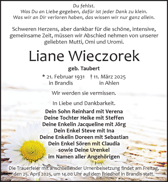Traueranzeige von Liane Wieczorek von Leipziger Volkszeitung