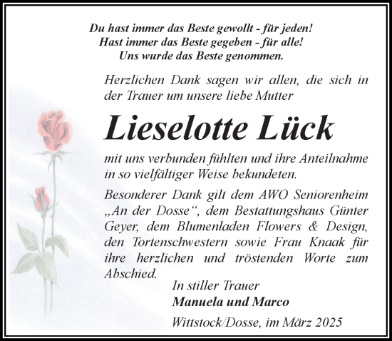 Traueranzeige von Lieselotte Lück von Wochenspiegel