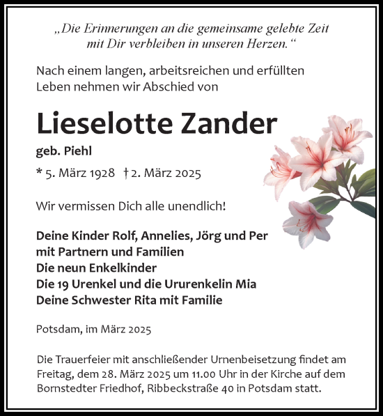 Traueranzeige von Lieselotte Zander von Märkischen Allgemeine Zeitung