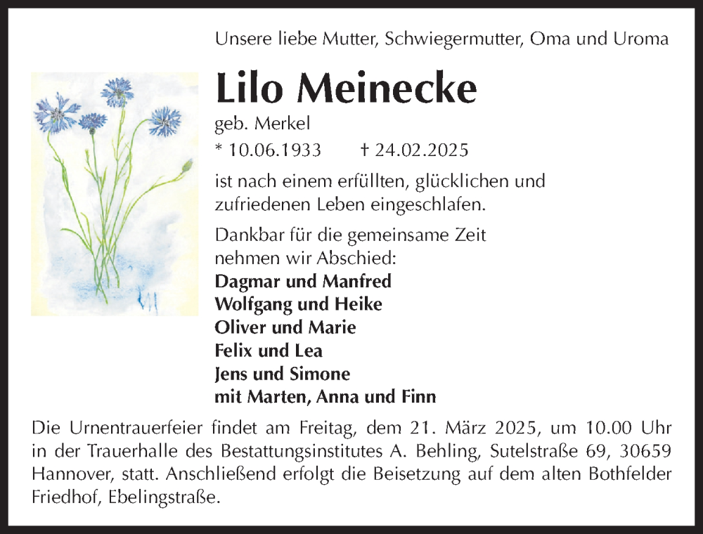  Traueranzeige für Lilo Meinecke vom 08.03.2025 aus Hannoversche Allgemeine Zeitung/Neue Presse