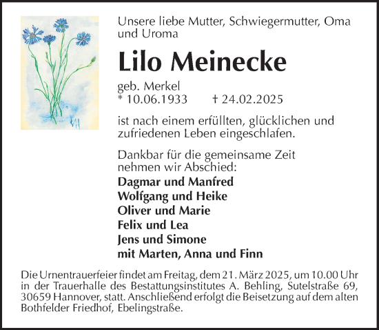 Traueranzeige von Lilo Meinecke von Hannoversche Allgemeine Zeitung/Neue Presse