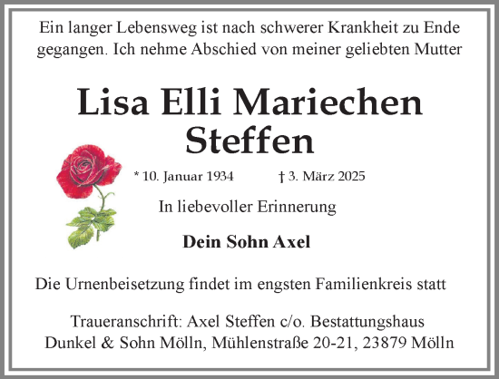 Traueranzeige von Lisa Elli Mariechen Steffen von Lübecker Nachrichten