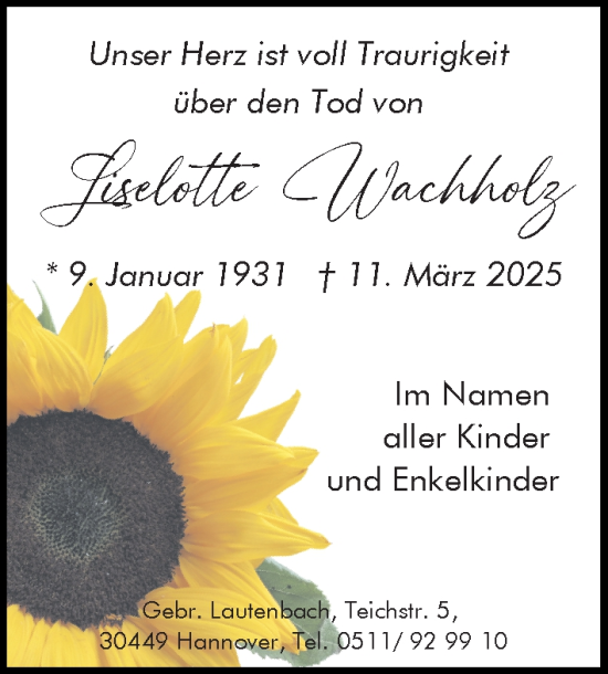 Traueranzeige von Liselotte Wachholz von Hannoversche Allgemeine Zeitung/Neue Presse