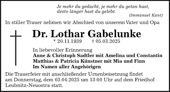 Traueranzeige von Lothar Gabelunke von Sächsische Zeitung
