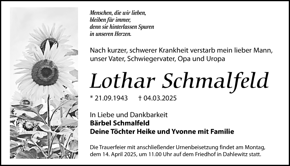  Traueranzeige für Lothar Schmalfeld vom 15.03.2025 aus Märkischen Allgemeine Zeitung