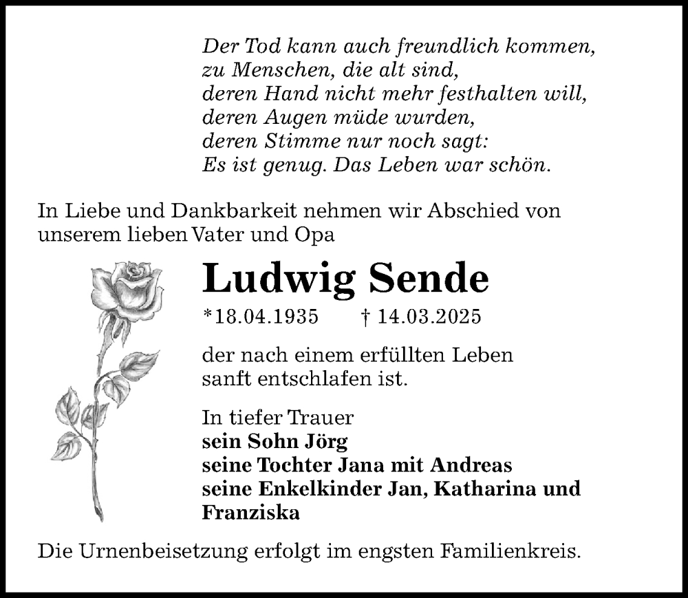  Traueranzeige für Ludwig Sende vom 21.03.2025 aus Sächsische Zeitung