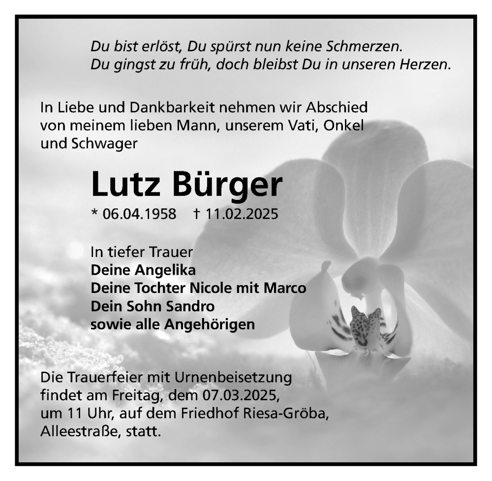  Traueranzeige für Lutz Bürger vom 01.03.2025 aus Sächsische Zeitung