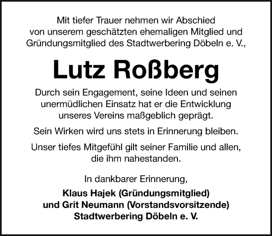 Traueranzeige von Lutz Roßberg von Sächsische Zeitung