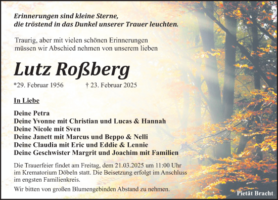 Traueranzeige von Lutz Roßberg von Sächsische Zeitung