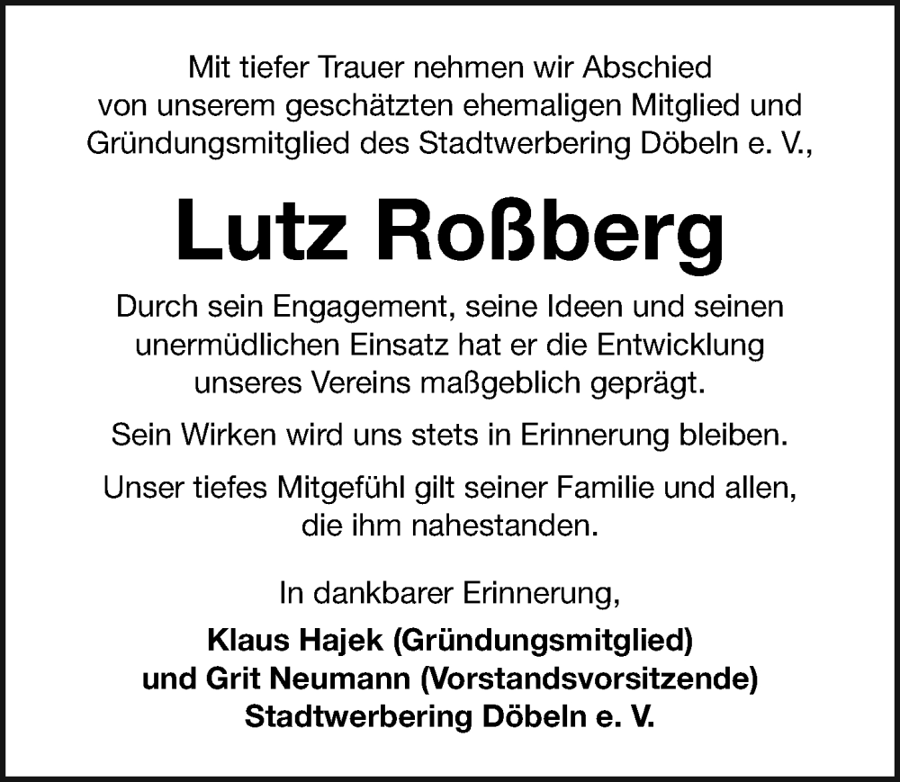  Traueranzeige für Lutz Roßberg vom 29.03.2025 aus Sächsische Zeitung
