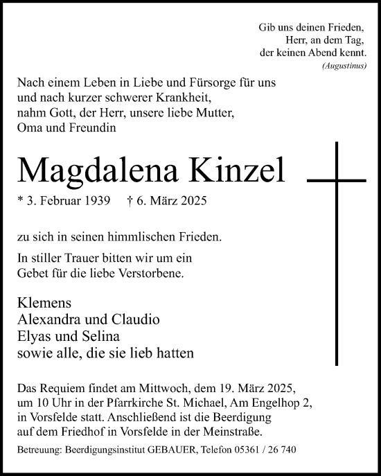 Traueranzeige von Magdalena Kinzel von Aller Zeitung