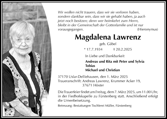 Traueranzeige von Magdalena Lawrenz von Täglicher Anzeiger Holzminden