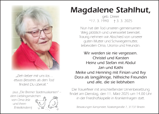 Traueranzeige von Magdalene Stahlhut von Schaumburger Zeitung/ Landes-Zeitung