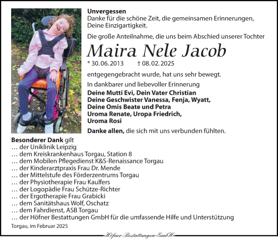 Traueranzeige von Maira Nele Jacob von Torgauer Zeitung