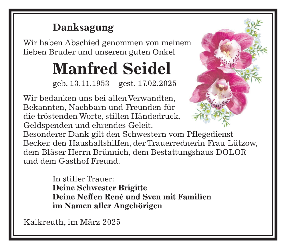  Traueranzeige für Manfred Seidel vom 29.03.2025 aus Sächsische Zeitung
