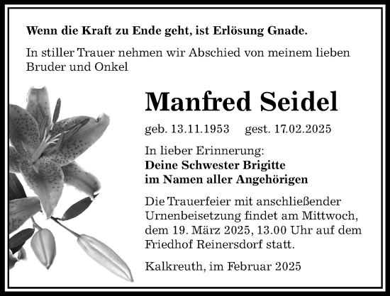 Traueranzeige von Manfred Seidel von Sächsische Zeitung