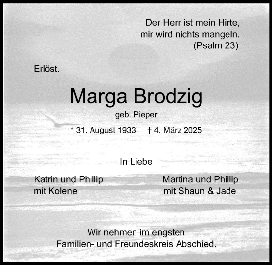 Traueranzeige von Marga Brodzig von Kieler Nachrichten