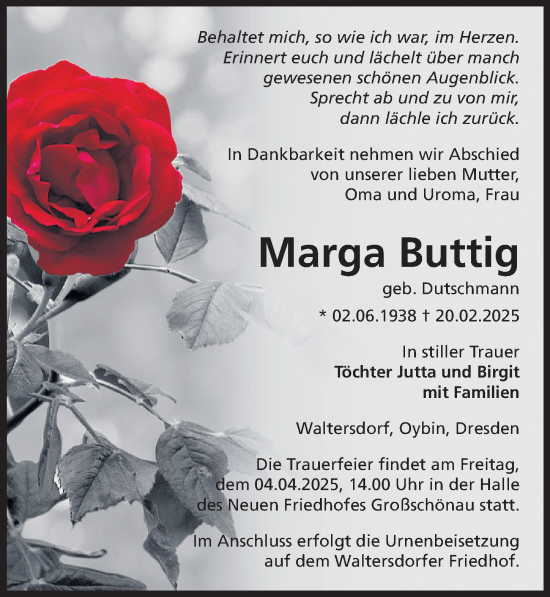 Traueranzeige von Marga Buttig von Sächsische Zeitung