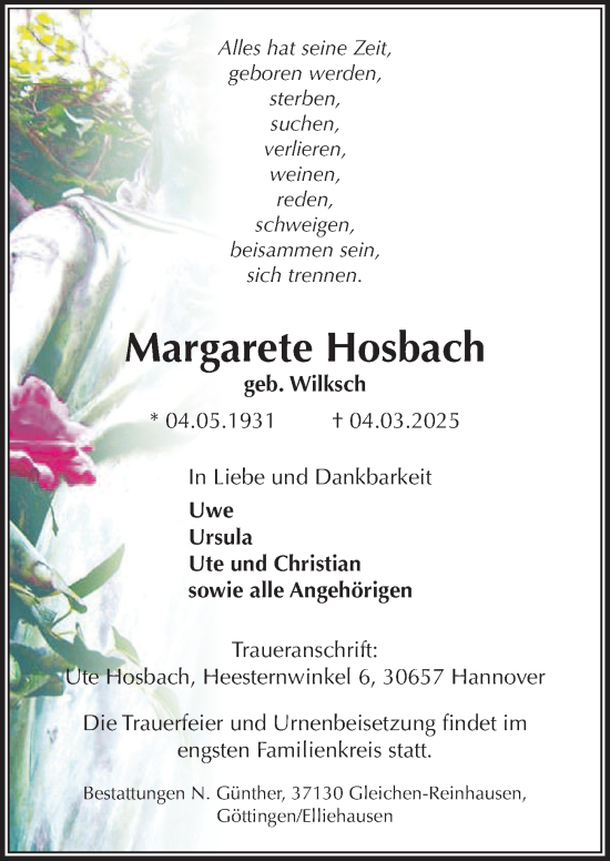 Traueranzeige von Margarete Hosbach von Göttinger Tageblatt