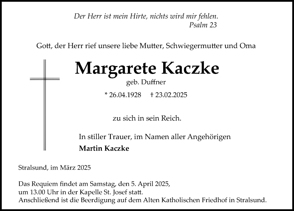  Traueranzeige für Margarete Kaczke vom 07.03.2025 aus Ostsee-Zeitung GmbH