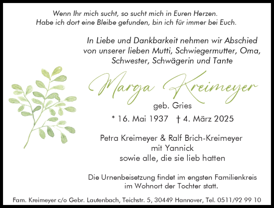 Traueranzeige von Margarete Kreimeyer von Hannoversche Allgemeine Zeitung/Neue Presse