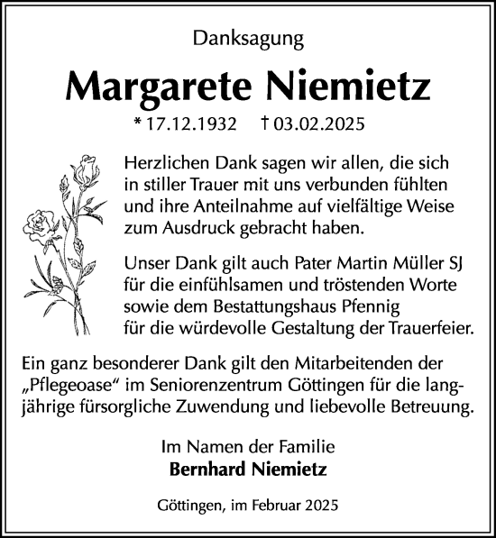 Traueranzeige von Margarete Niemietz von Göttinger Tageblatt