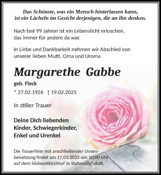 Traueranzeige von Margarethe Gabbe von Märkischen Allgemeine Zeitung