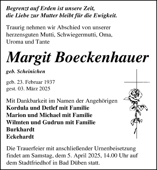 Traueranzeige von Margit Boeckenhauer von Leipziger Volkszeitung