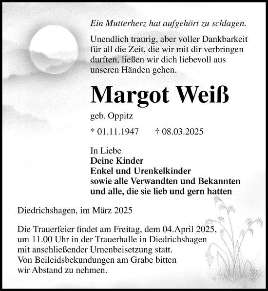 Traueranzeige von Margot Weiß von Ostsee-Zeitung GmbH