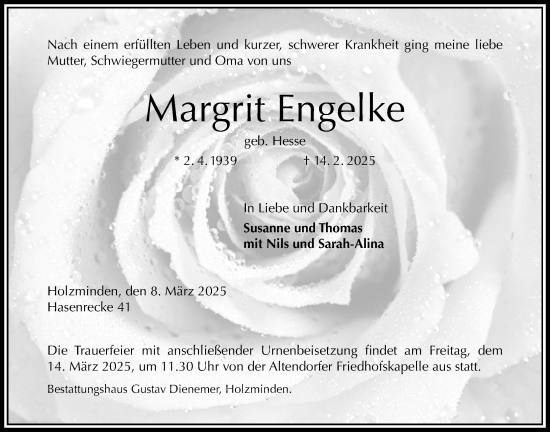Traueranzeige von Margrit Engelke von Täglicher Anzeiger Holzminden