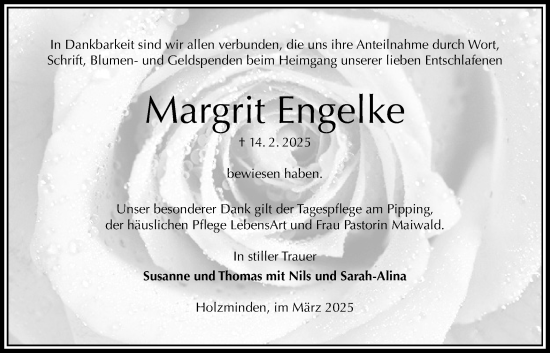 Traueranzeige von Margrit Engelke von Täglicher Anzeiger Holzminden
