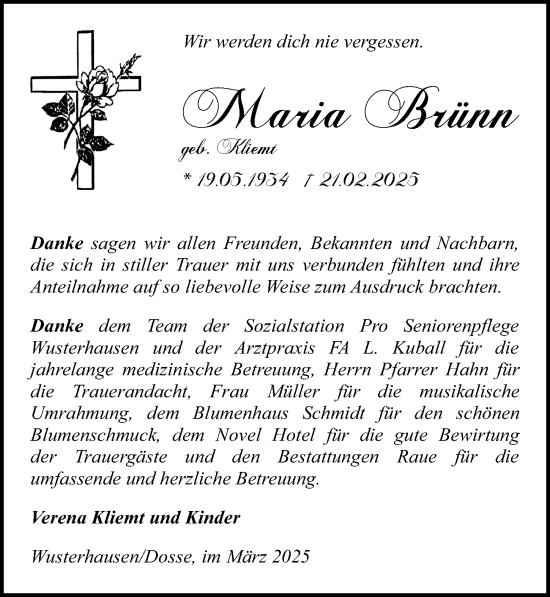 Traueranzeige von Maria Brünn von Wochenspiegel